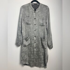 GRIZAS Silver Gray Linen Silk Blend Long Sleeve Floral Embossed Shirt Dress Sz S